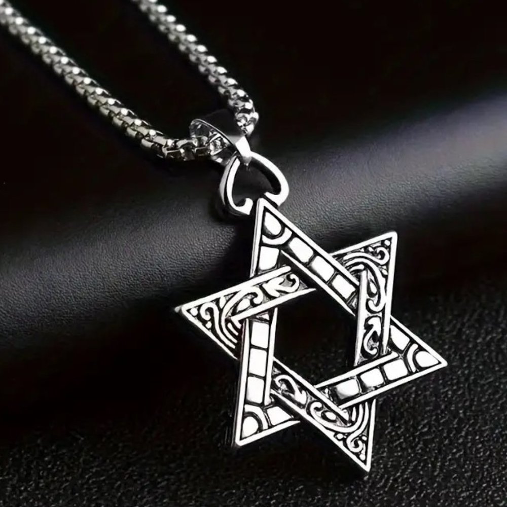 Star of David Hexagon Pendant Necklace 2 Sided Rope Chain Magic Trendy Religion